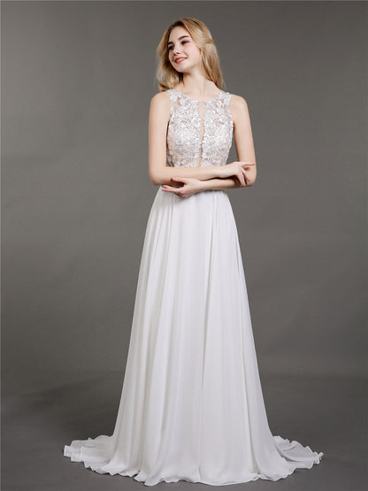 Vestido de Novia Marfil con Encaje, Muselina y Perlas