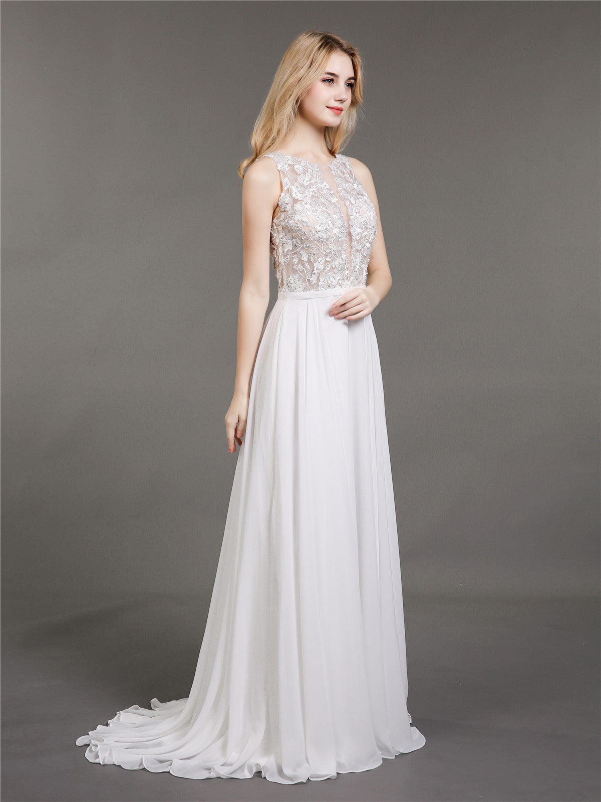 Vestido de Novia Marfil con Encaje, Muselina y Perlas
