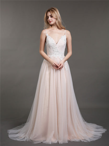 Vestido de Novia Marfil con Tirantes Espagueti y Escote en V con Cola