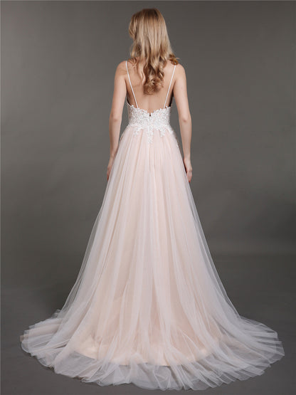 Vestido de Novia Marfil con Tirantes Espagueti y Escote en V con Cola