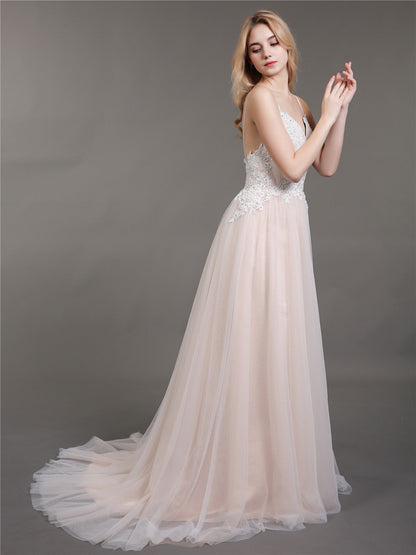 Vestido de Novia Marfil con Tirantes Espagueti y Escote en V con Cola