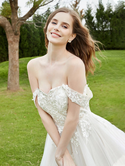 Vestido de Novia de Encaje Off-Shoulder con Cola de Capilla en Marfil/Campeón