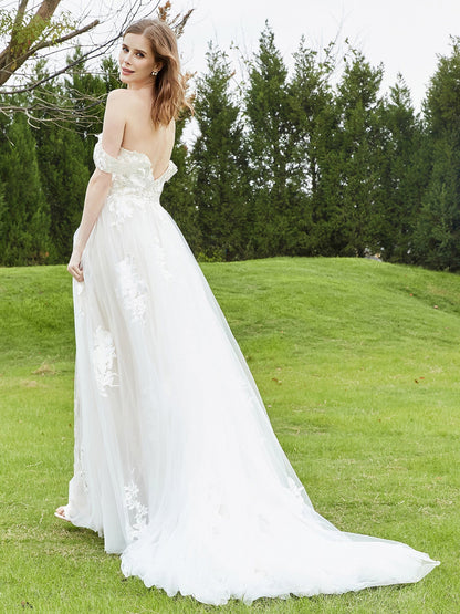 Vestido de Novia de Encaje Off-Shoulder con Cola de Capilla en Marfil/Campeón