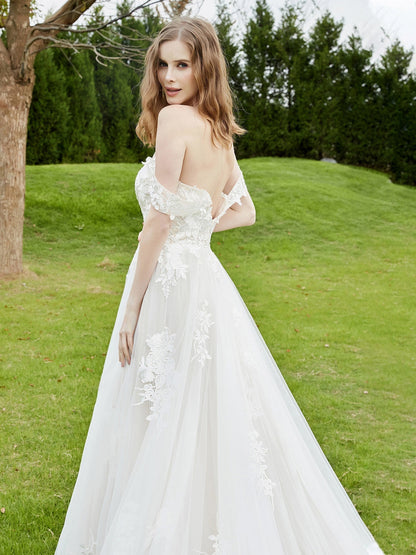 Vestido de Novia de Encaje Off-Shoulder con Cola de Capilla en Marfil/Campeón