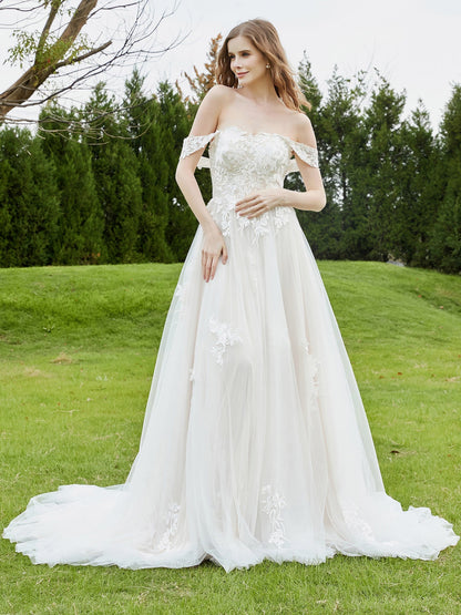 Vestido de Novia de Encaje Off-Shoulder con Cola de Capilla en Marfil/Campeón