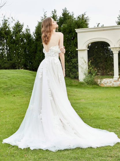 Vestido de Novia de Encaje Off-Shoulder con Cola de Capilla en Marfil/Campeón