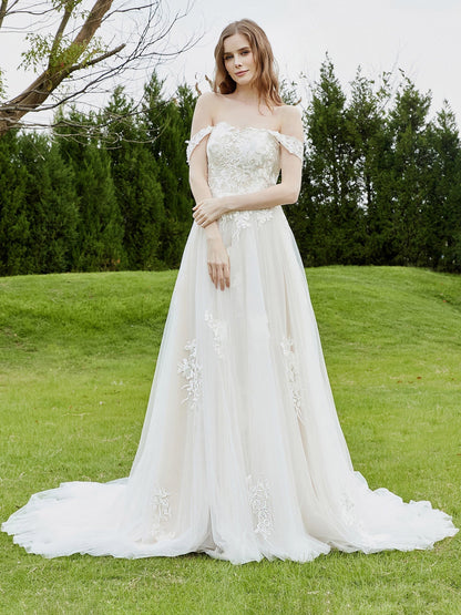 Vestido de Novia de Encaje Off-Shoulder con Cola de Capilla en Marfil/Campeón