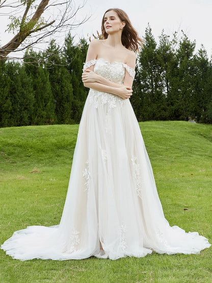 Vestido de Novia de Encaje Off-Shoulder con Cola de Capilla en Marfil/Campeón