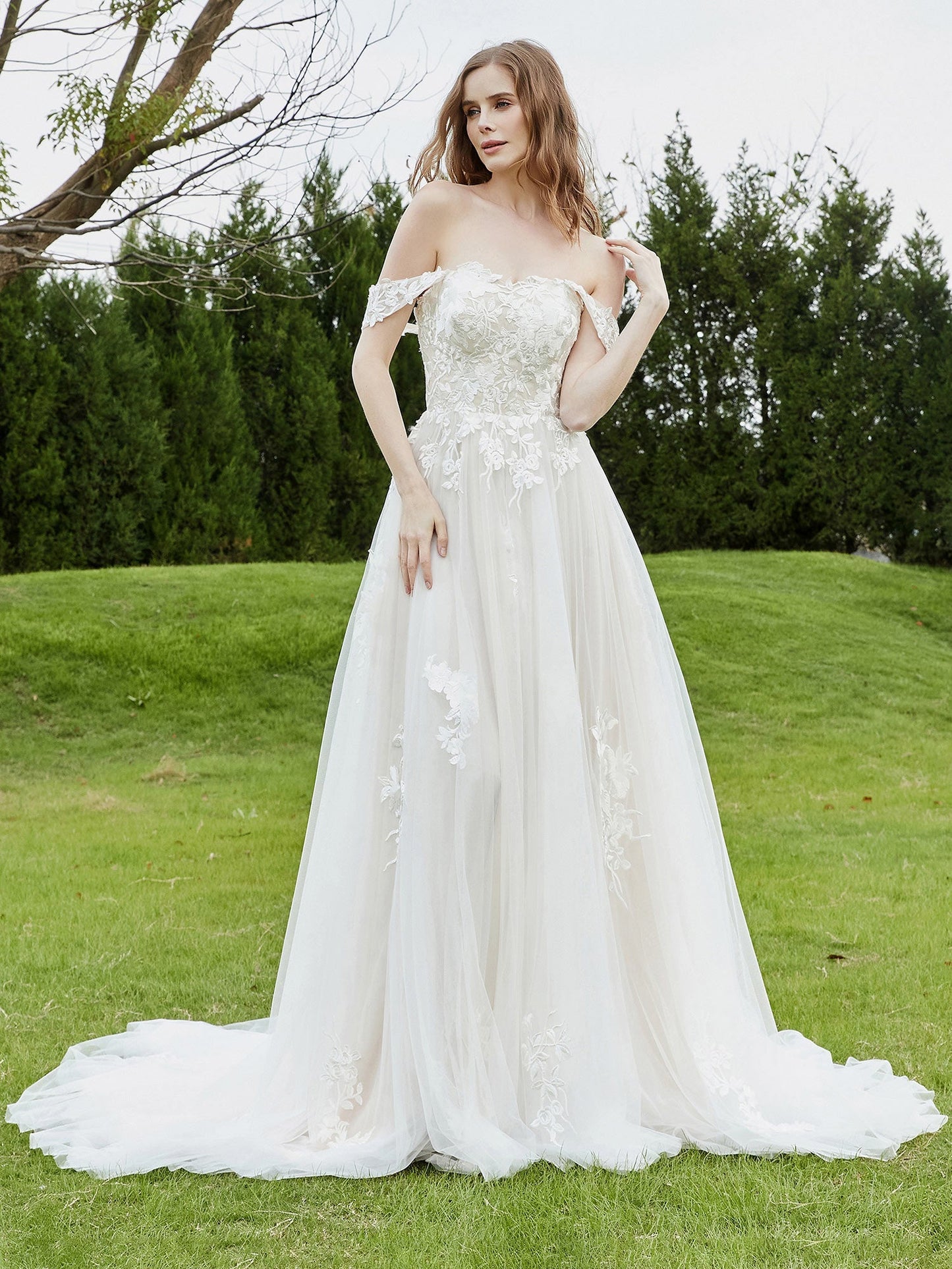 Vestido de Novia de Encaje Off-Shoulder con Cola de Capilla en Marfil/Campeón
