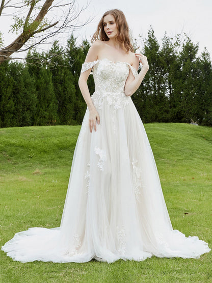 Vestido de Novia de Encaje Off-Shoulder con Cola de Capilla en Marfil/Campeón