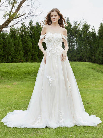 Vestido de Novia de Encaje Off-Shoulder con Cola de Capilla en Marfil/Campeón