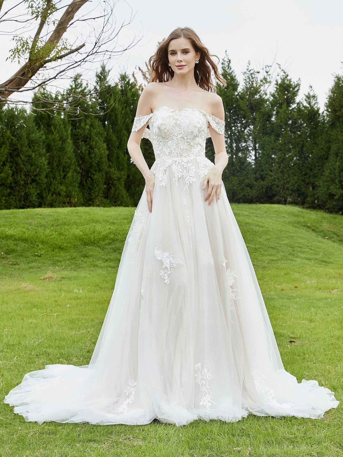 Vestido de Novia de Encaje Off-Shoulder con Cola de Capilla en Marfil/Campeón