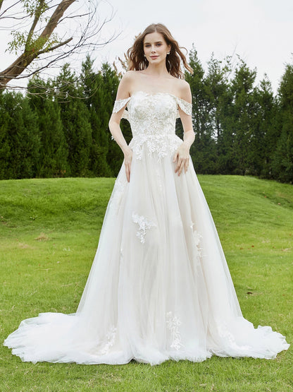 Vestido de Novia de Encaje Off-Shoulder con Cola de Capilla en Marfil/Campeón