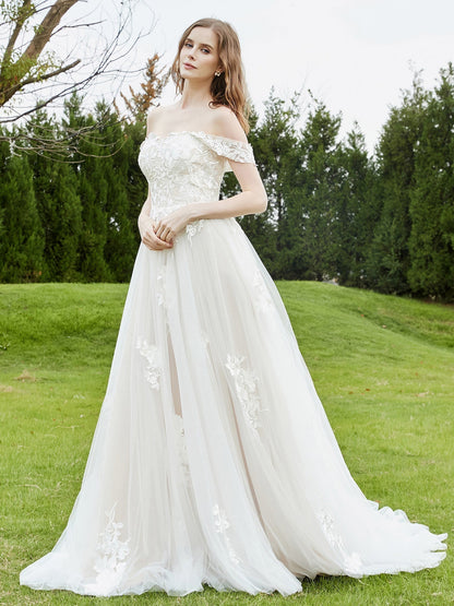 Vestido de Novia de Encaje Off-Shoulder con Cola de Capilla en Marfil/Campeón
