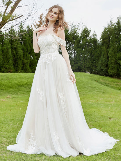 Vestido de Novia de Encaje Off-Shoulder con Cola de Capilla en Marfil/Campeón