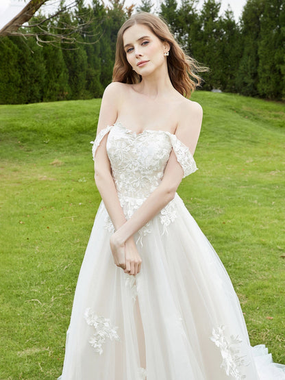 Vestido de Novia de Encaje Off-Shoulder con Cola de Capilla en Marfil/Campeón