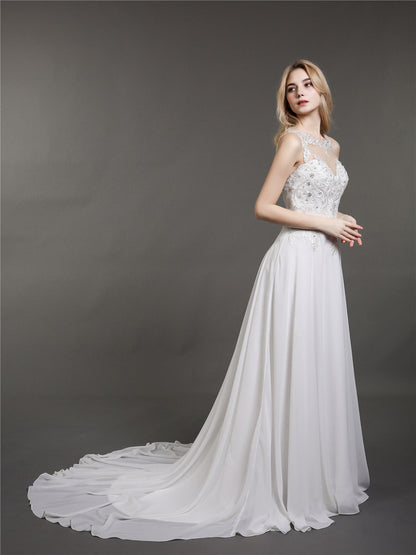 Muselina Col de Ilusión con Perlas para Vestido de Novia en Marfil