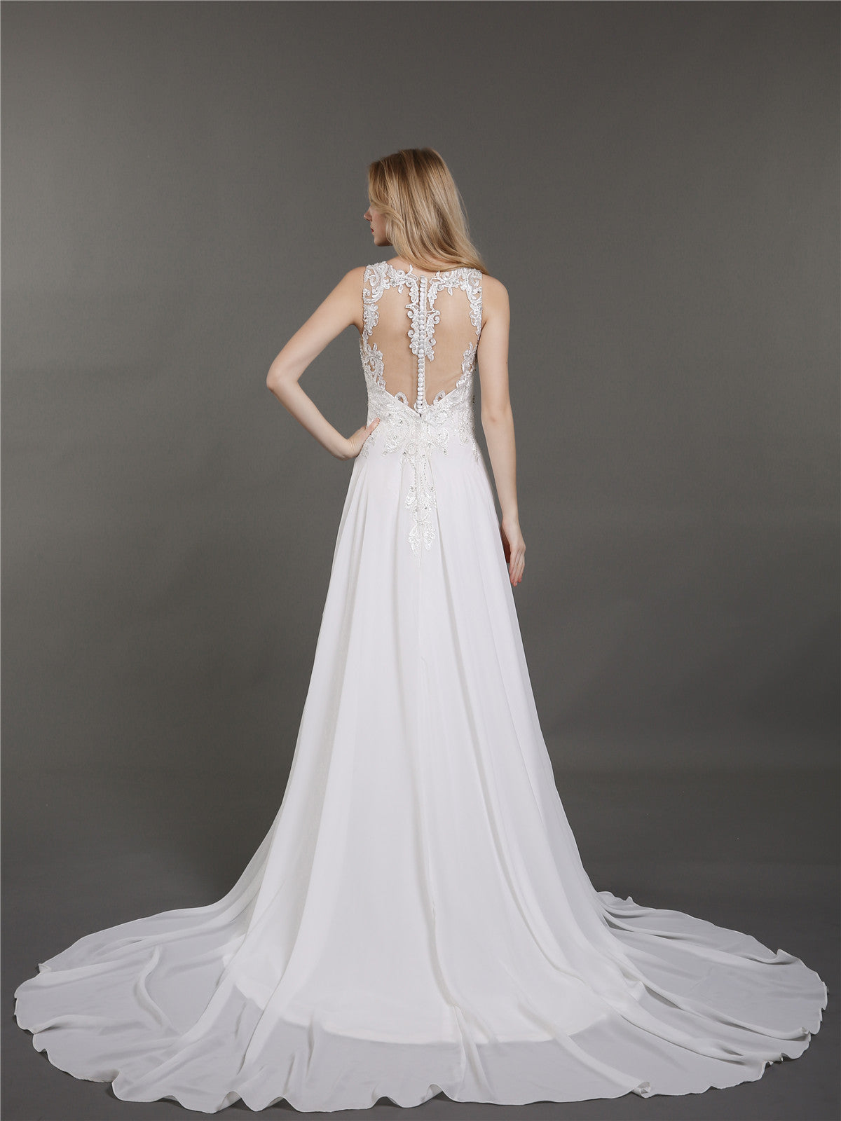 Muselina Col de Ilusión con Perlas para Vestido de Novia en Marfil
