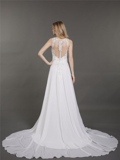 Muselina Col de Ilusión con Perlas para Vestido de Novia en Marfil