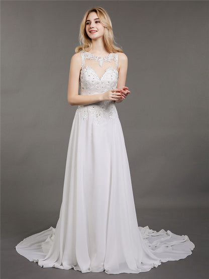 Muselina Col de Ilusión con Perlas para Vestido de Novia en Marfil