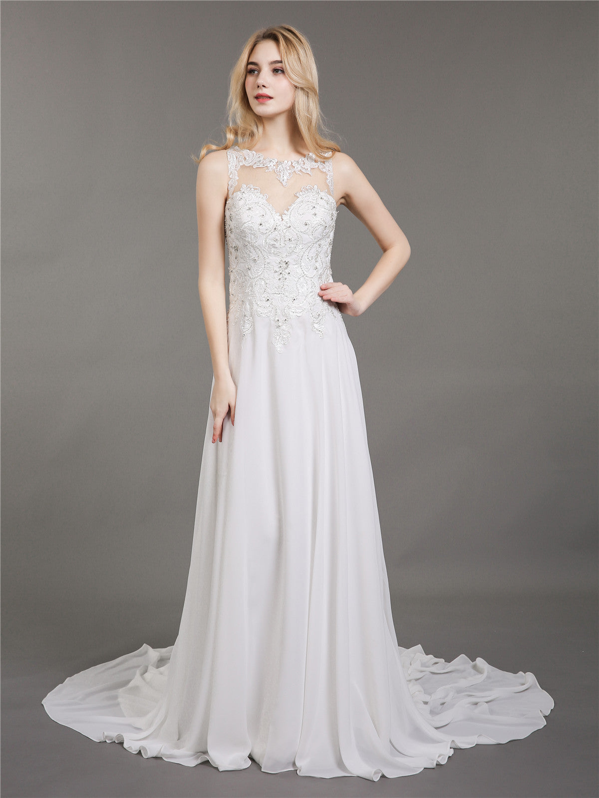 Muselina Col de Ilusión con Perlas para Vestido de Novia en Marfil