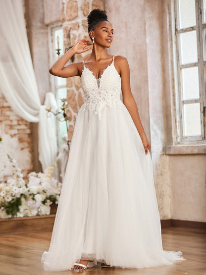 Vestido de Novia Plisado con Espalda Descubierta y Escote en V Profundo en Color Marfil