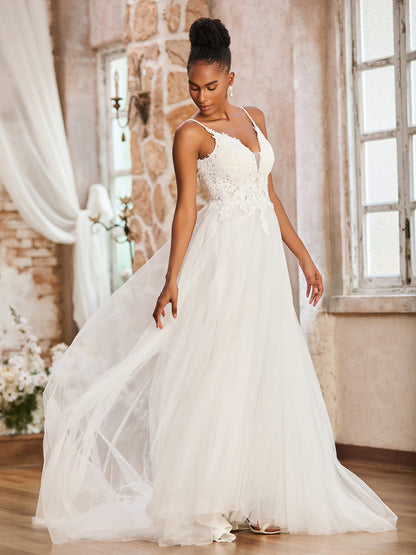 Vestido de Novia Plisado con Espalda Descubierta y Escote en V Profundo en Color Marfil