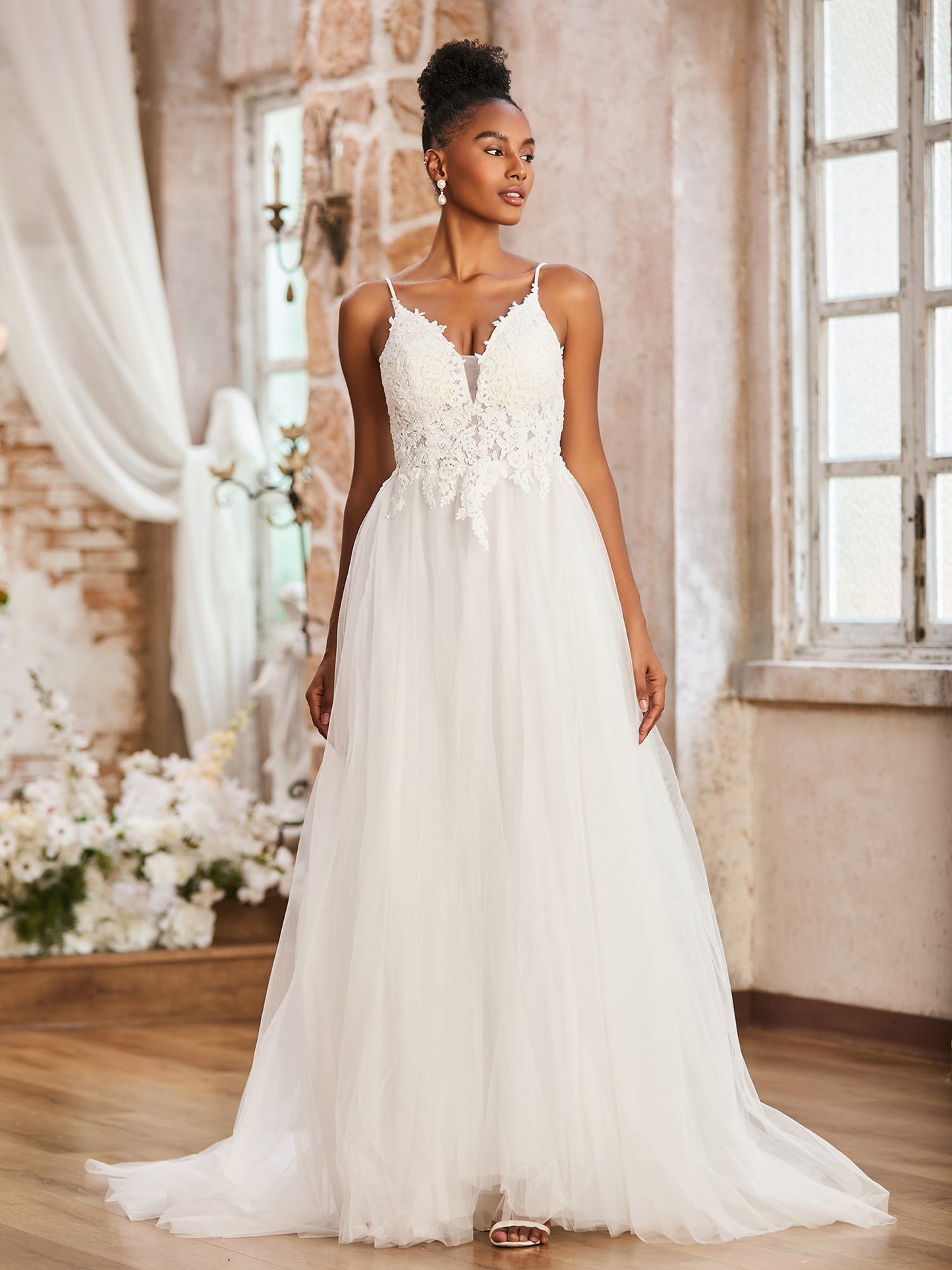 Vestido de Novia Plisado con Espalda Descubierta y Escote en V Profundo en Color Marfil