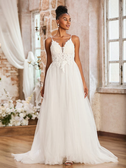 Vestido de Novia Plisado con Espalda Descubierta y Escote en V Profundo en Color Marfil