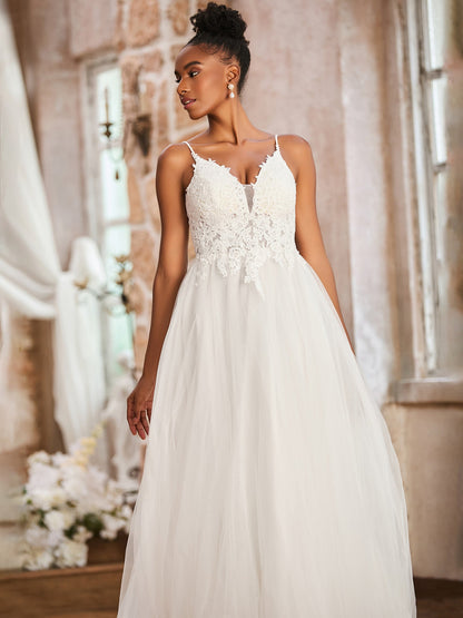 Vestido de Novia Plisado con Espalda Descubierta y Escote en V Profundo en Color Marfil