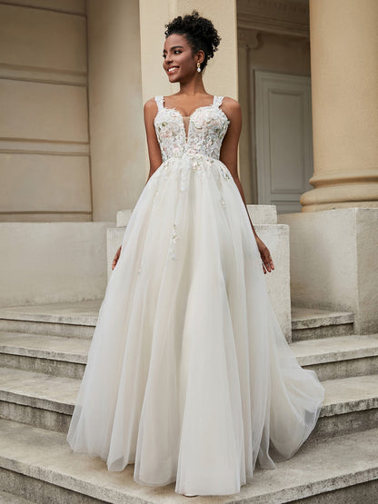 Vestido de Novia Floral en Tul con Escote en V - Estilo Similar a la Imagen