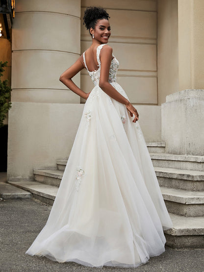 Vestido de Novia Floral en Tul con Escote en V - Estilo Similar a la Imagen