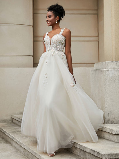 Vestido de Novia Floral en Tul con Escote en V - Estilo Similar a la Imagen