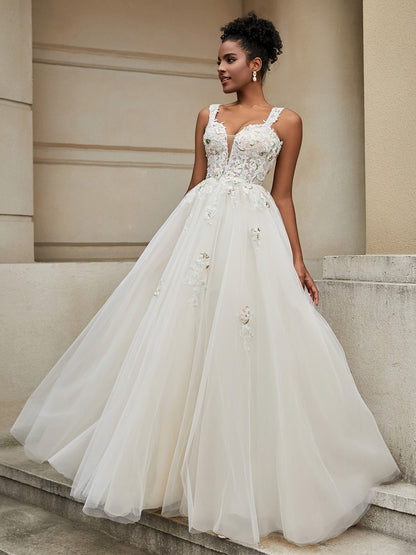 Vestido de Novia Floral en Tul con Escote en V - Estilo Similar a la Imagen