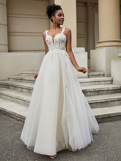 Vestido de Novia Floral en Tul con Escote en V - Estilo Similar a la Imagen