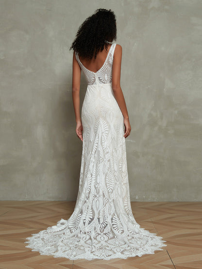 Boda Bohème Vestido de Novia Sirena de Encaje Blanco con Cola de Capilla