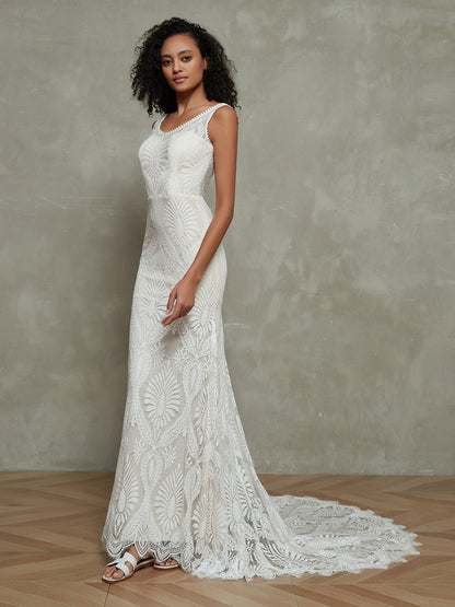 Boda Bohème Vestido de Novia Sirena de Encaje Blanco con Cola de Capilla