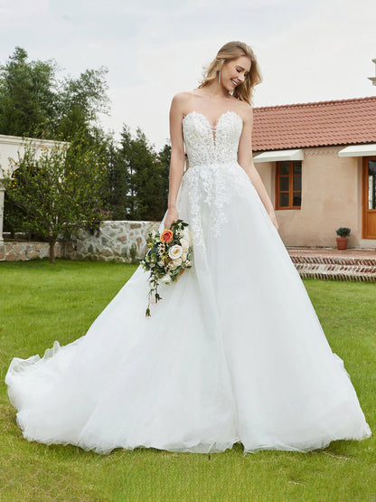 Vestido de Novia Sin Mangas de Encaje con Escote Corazón en Color Marfil