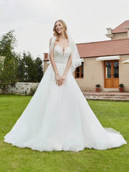 Vestido de Novia Sin Mangas de Encaje con Escote Corazón en Color Marfil