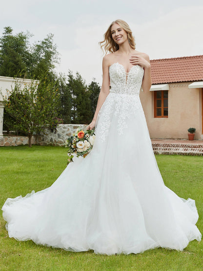 Vestido de Novia Sin Mangas de Encaje con Escote Corazón en Color Marfil
