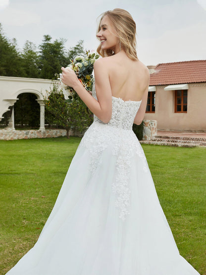 Vestido de Novia Sin Mangas de Encaje con Escote Corazón en Color Marfil