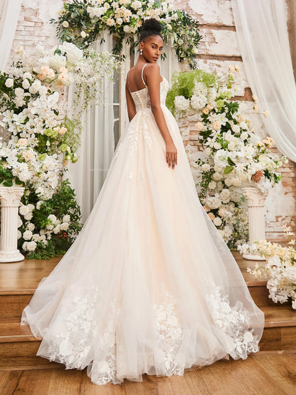 Vestido de Novia de Encaje con Tirantes Espagueti en Color Marfil/Copa