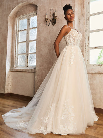 Vestido de Novia de Encaje con Tirantes Espagueti en Color Marfil/Copa