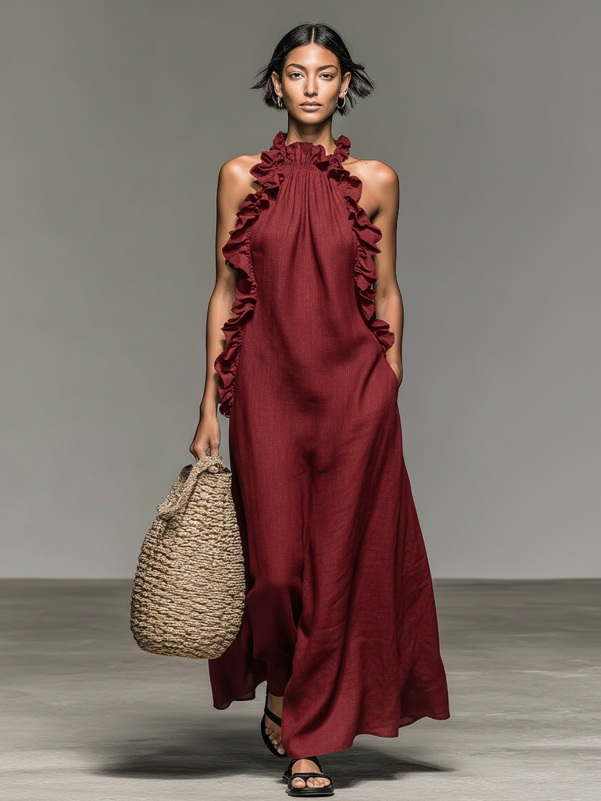Maxi Dress Sin Mangas Minimalista con Detalles de Volantes para Mujer MDZ1622A0Y