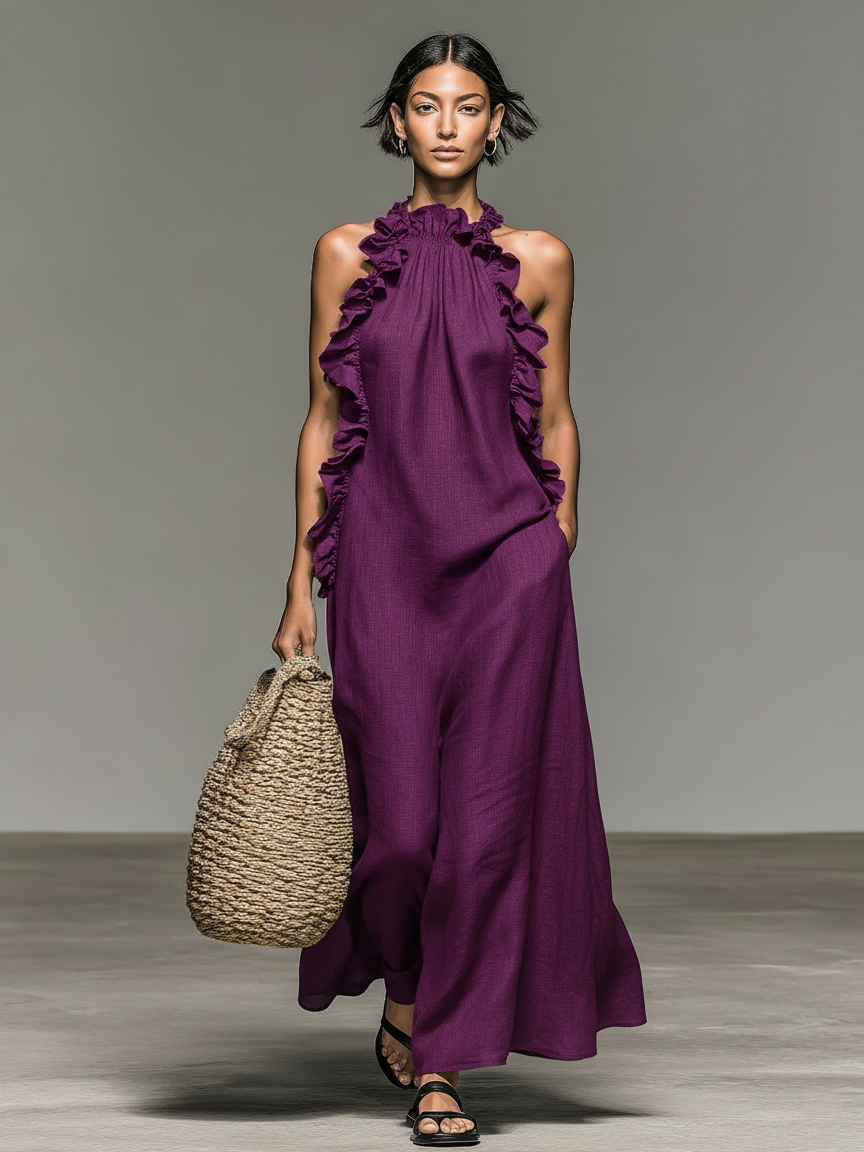 Maxi Dress Sin Mangas Minimalista con Detalles de Volantes para Mujer MDZ1622A0Y