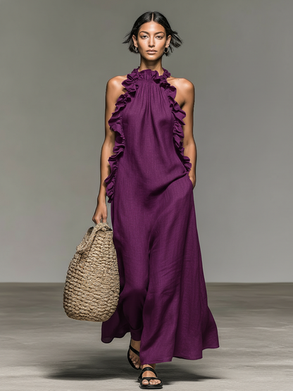 Maxi Dress Sin Mangas Minimalista con Detalles de Volantes para Mujer MDZ1622A0Y