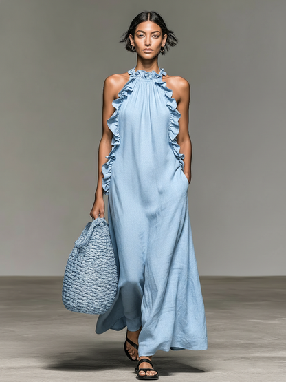 Maxi Dress Sin Mangas Minimalista con Detalles de Volantes para Mujer MDZ1622A0Y