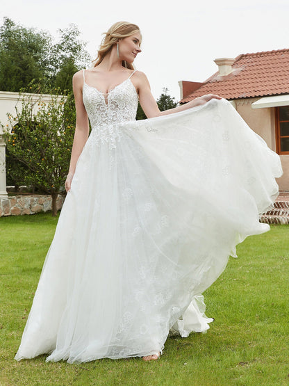 Vestido de Novia de Encaje Marfil con Escote en V Profundo