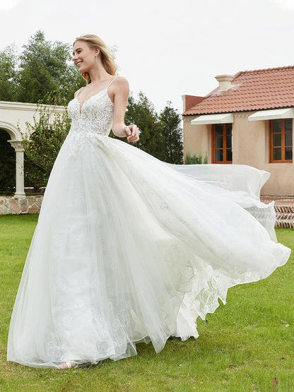 Vestido de Novia de Encaje Marfil con Escote en V Profundo