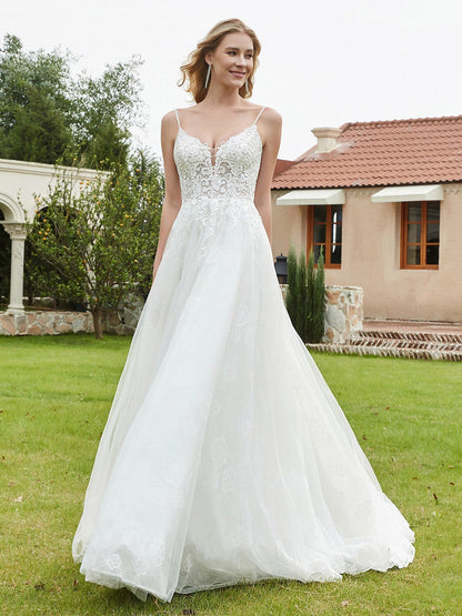 Vestido de Novia de Encaje Marfil con Escote en V Profundo